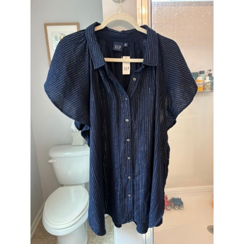 Gap Womens‎ XXL Navy Blue Metallic Silver Stripe Flutter Sleeve Button Up Blouse